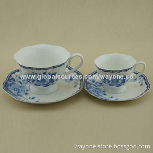 6-set 90cc Coffee Cup Saucer Set in Printed Gift Box, Blue Design, Ideal for Gifts and Promotion